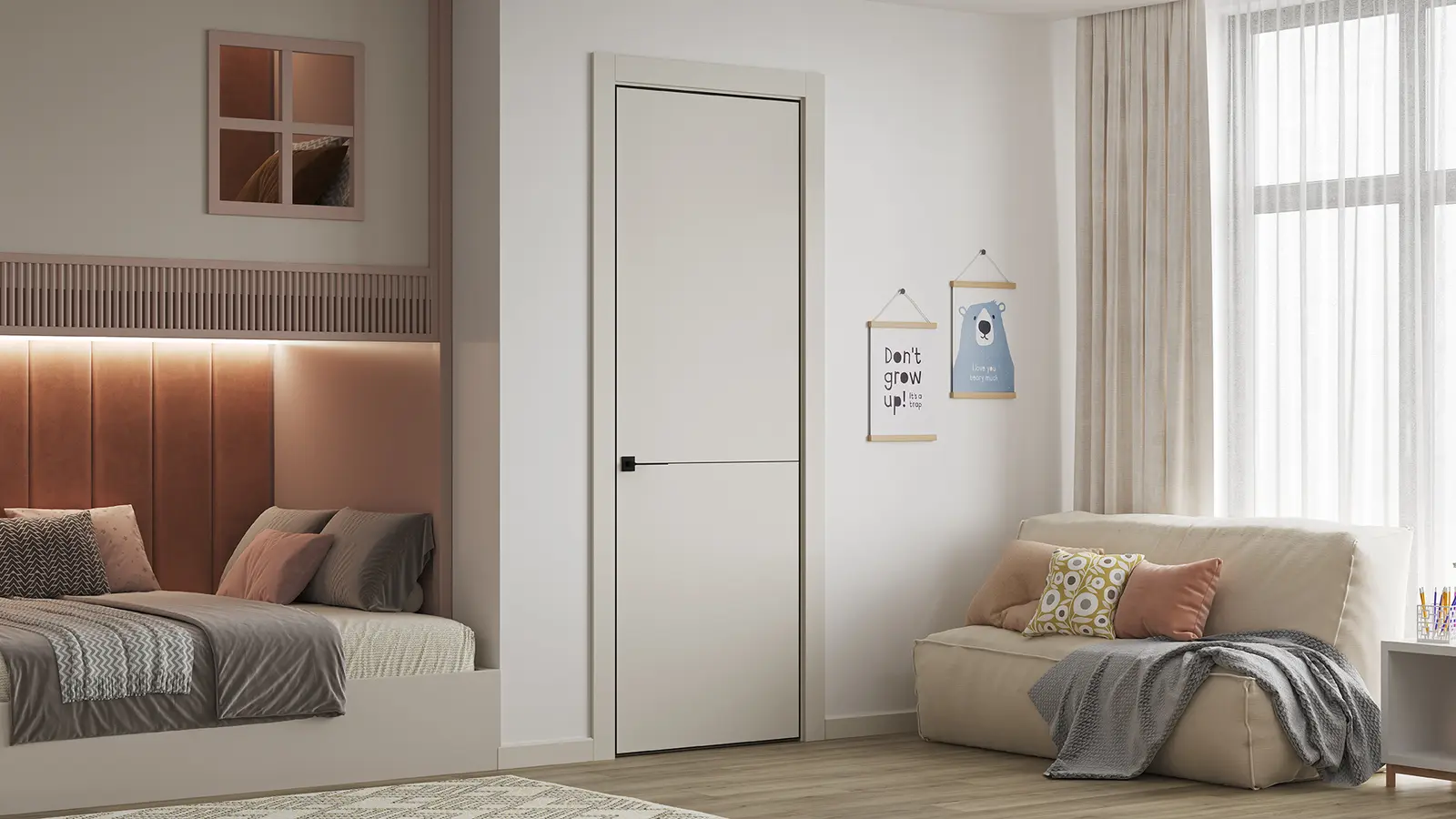 HAUSDOORS Минимализм 2, молдинг 3 мм в интерьере — визуализация фабрики