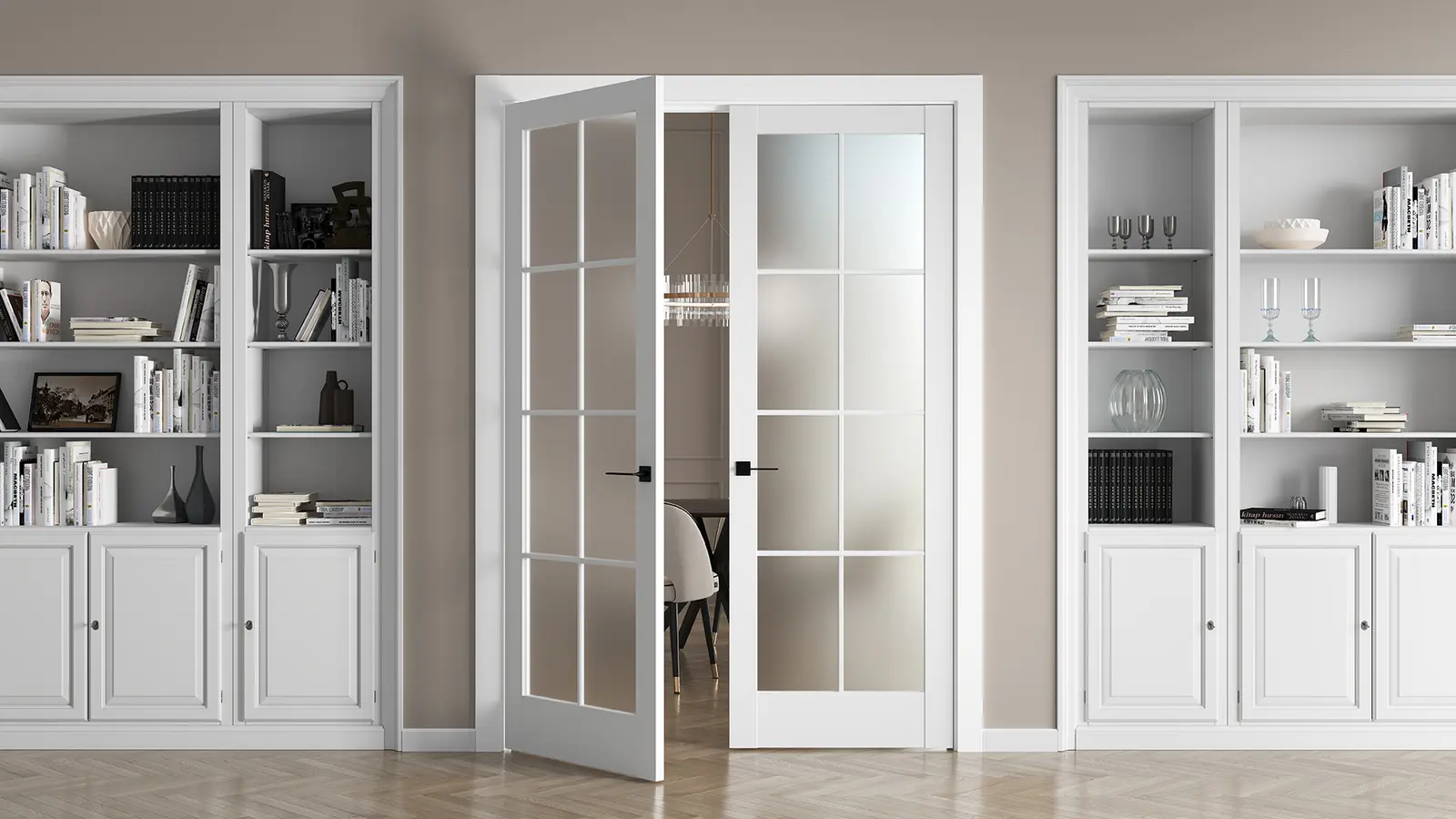 HAUSDOORS Новая классика 11, стекло матовое с двух сторон в интерьере — визуализация фабрики