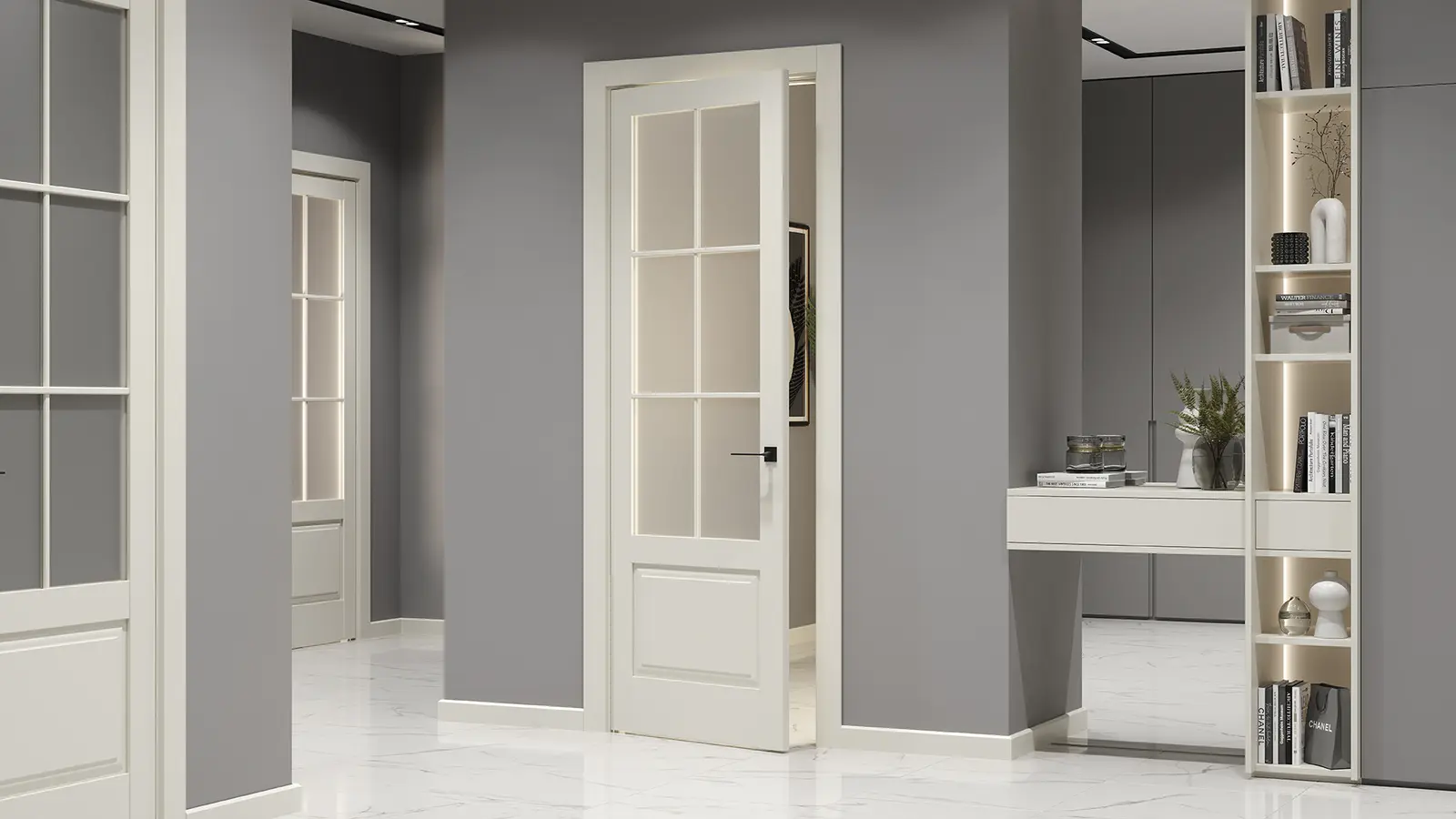 HAUSDOORS Новая классика 12, стекло матовое с двух сторон в интерьере — визуализация фабрики
