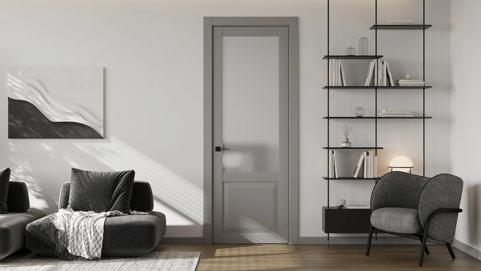 HAUSDOORS Новая классика 4, стекло матовое с двух сторон в интерьере — визуализация фабрики
