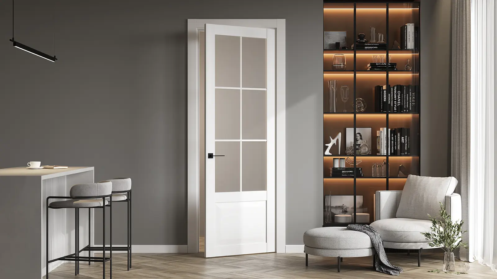 HAUSDOORS Новая классика 6, стекло матовое с двух сторон в интерьере — визуализация фабрики