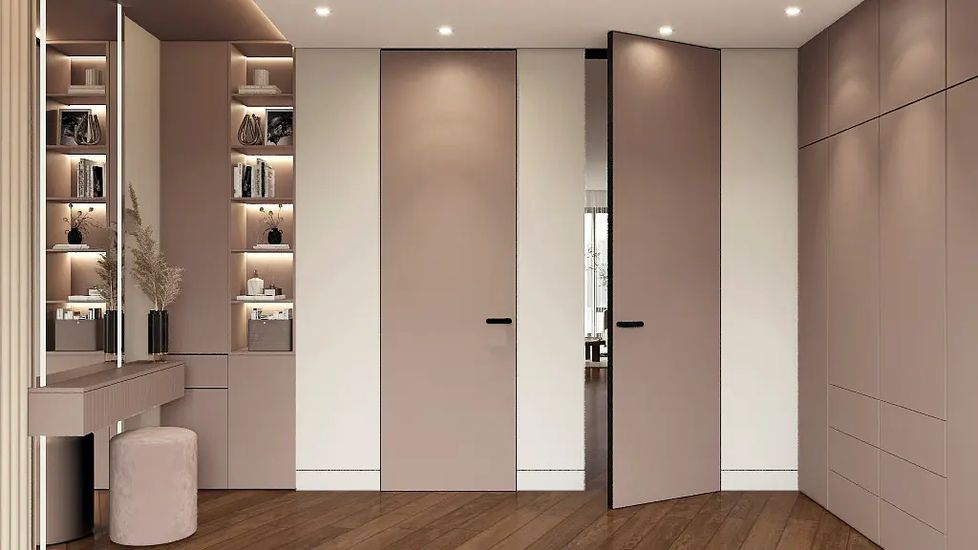 HAUSDOORS: эмалевые стеновые панели Сияние и скрытая дверь в одном цвете — рендер фабрики