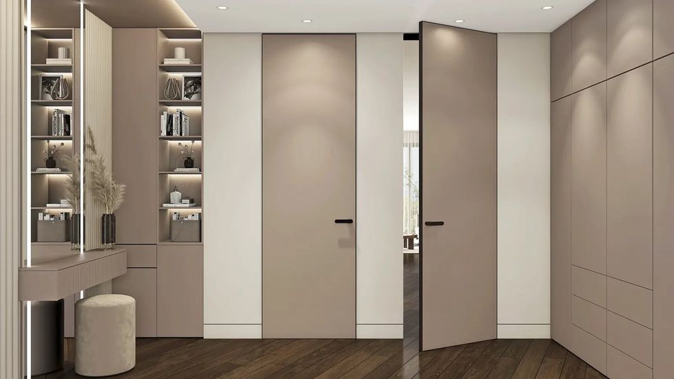 HAUSDOORS: эмалевые стеновые панели Сияние в прихожей с гардеробом — рендер фабрики
