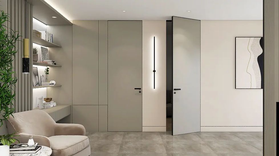 HAUSDOORS: эмалевые стеновые панели Сияние вокруг скрытой двери — рендер фабрики