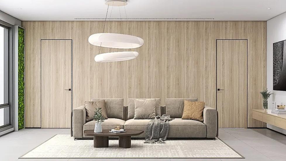 Шпонированные двери HAUSDOORS в интерьере — рендер фабрики