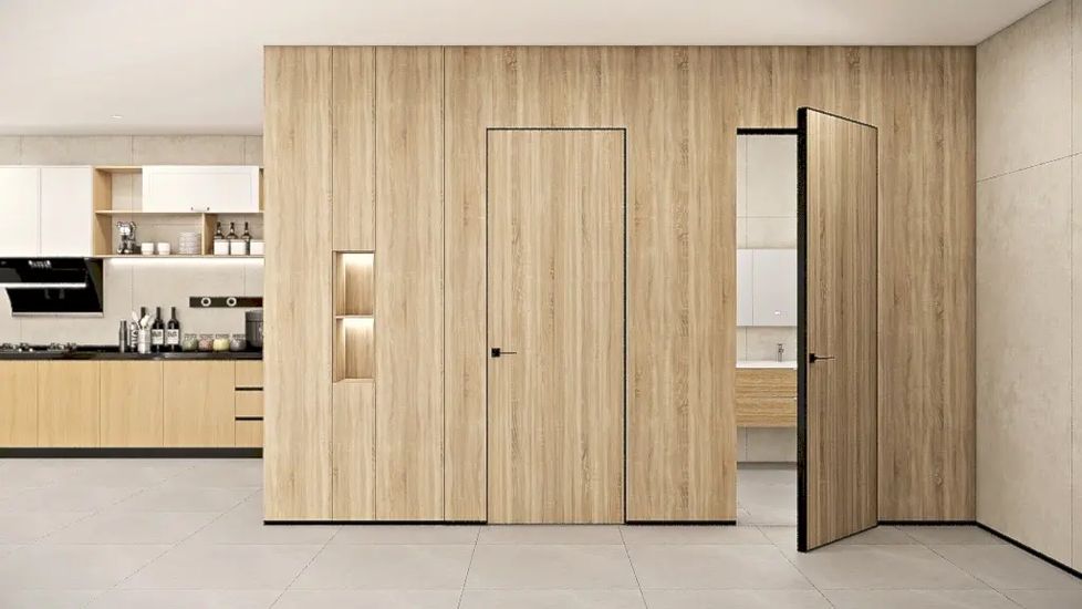 HAUSDOORS: шпонированные стеновые панели Сибирь с нишей и подсветкой — рендер фабрики