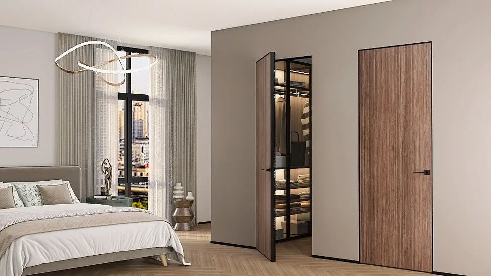 Шпонированная дверь в тёмном шпоне HAUSDOORS в интерьере — рендер фабрики