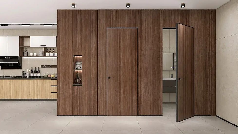 HAUSDOORS: стена из шпонированных панелей Сибирь, скрытая дверь не видна — рендер фабрики