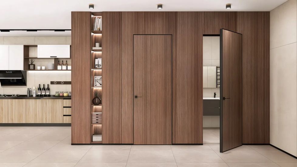 Шпонированная дверь заподлицо со стеной HAUSDOORS в интерьере — рендер фабрики