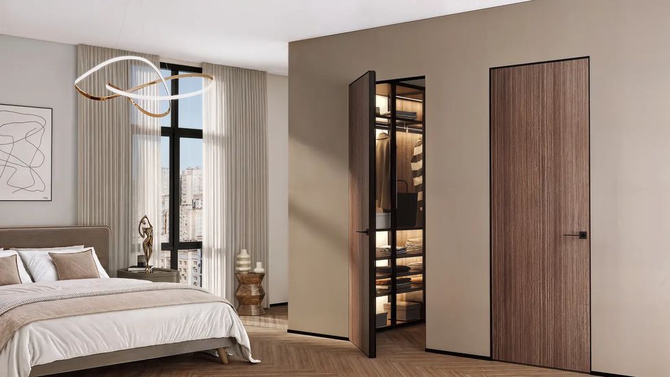 Шпонированная дверь и стеновые панели HAUSDOORS в интерьере — рендер фабрики