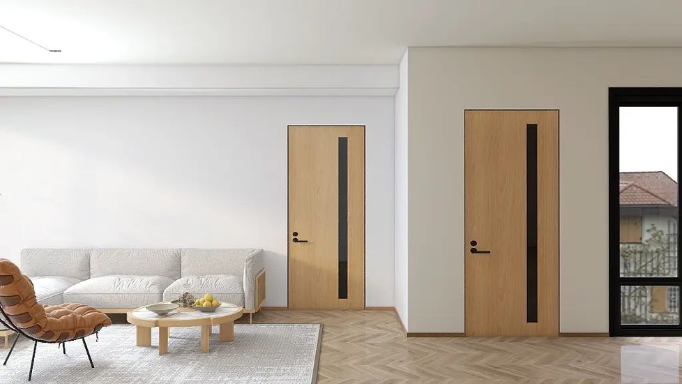 Шпонированная дверь HAUSDOORS в интерьере — рендер фабрики