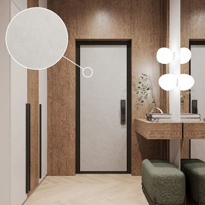 Алюминиевая входная дверь HAUSDOORS изнутри, светлая панель — рендер фабрики