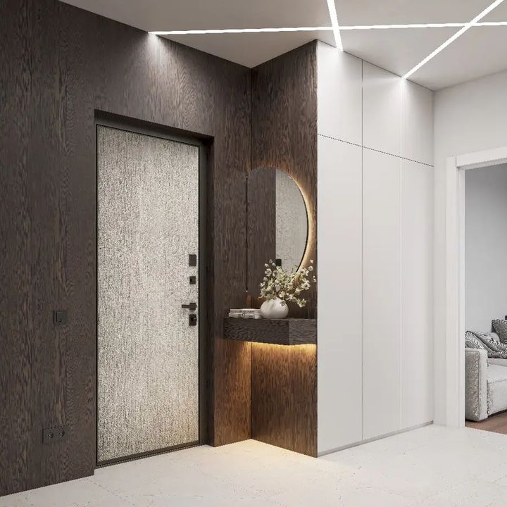 Алюминиевая входная дверь HAUSDOORS изнутри, прихожая с подсветкой — рендер фабрики