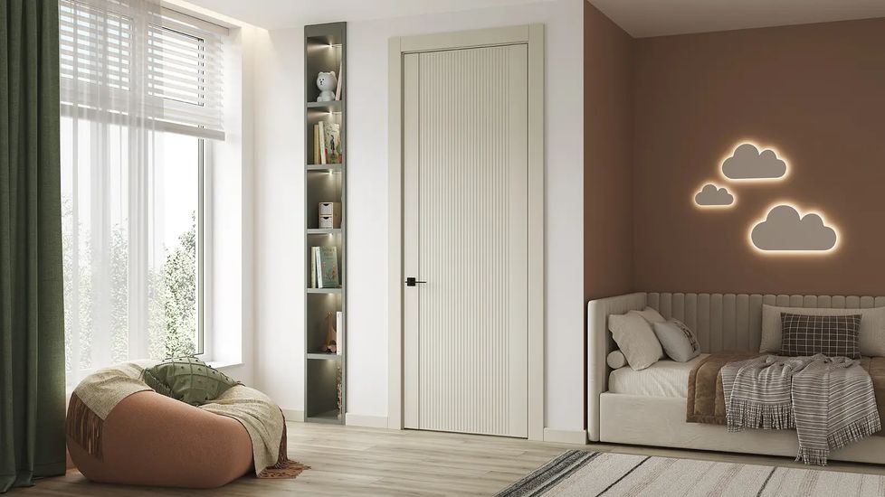 Дверь коллекции Фактурные линии HAUSDOORS в интерьере — рендер фабрики