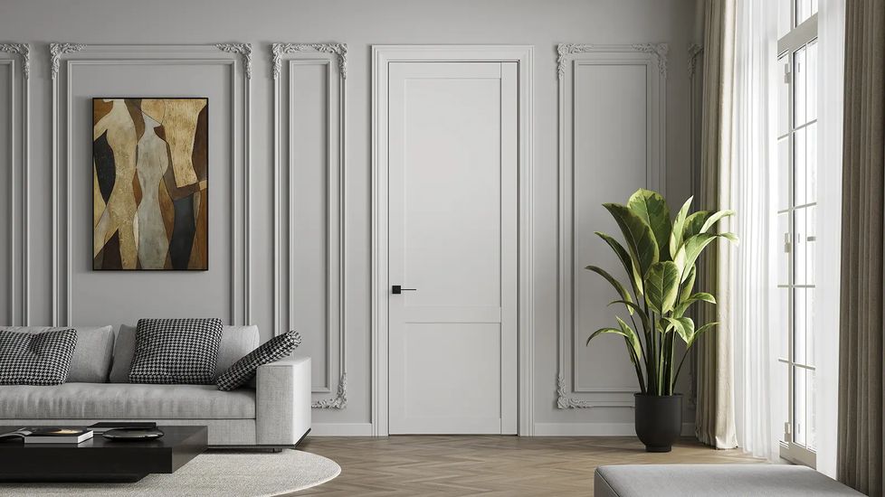 Дверь коллекции Фактурные линии HAUSDOORS в интерьере — рендер фабрики