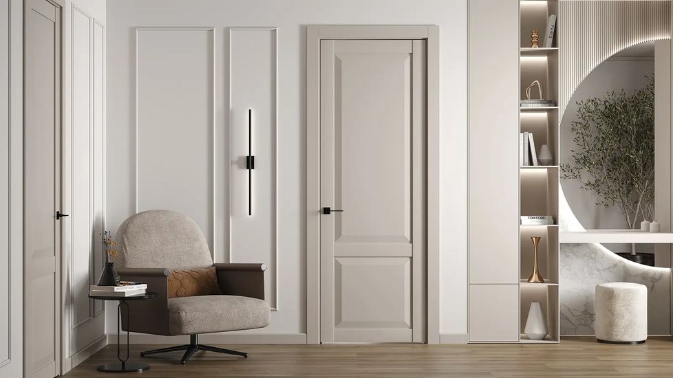 Дверь Новая классика 3, Керамик бежевый, HAUSDOORS в интерьере — рендер фабрики