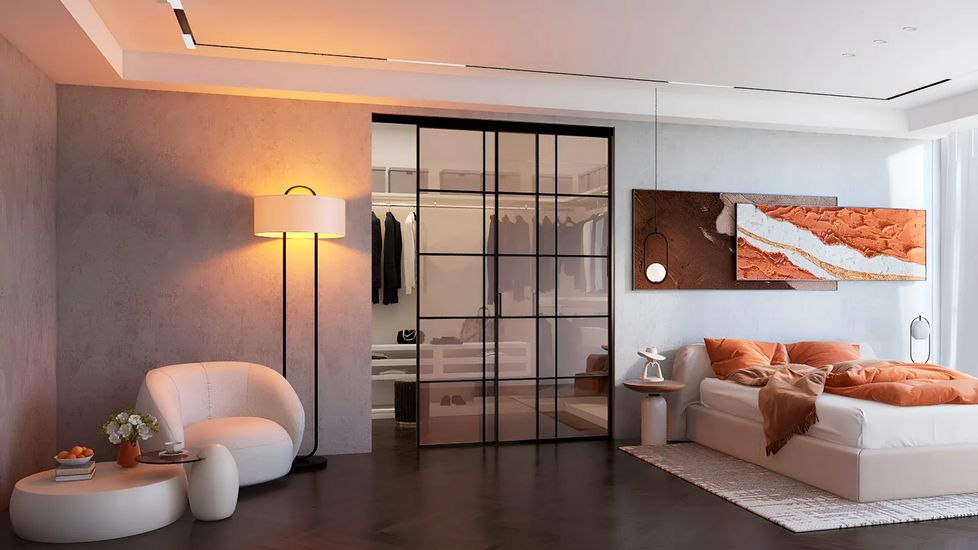 Стеклянная перегородка HAUSDOORS с частой раскладкой у гардеробной в спальне — рендер фабрики