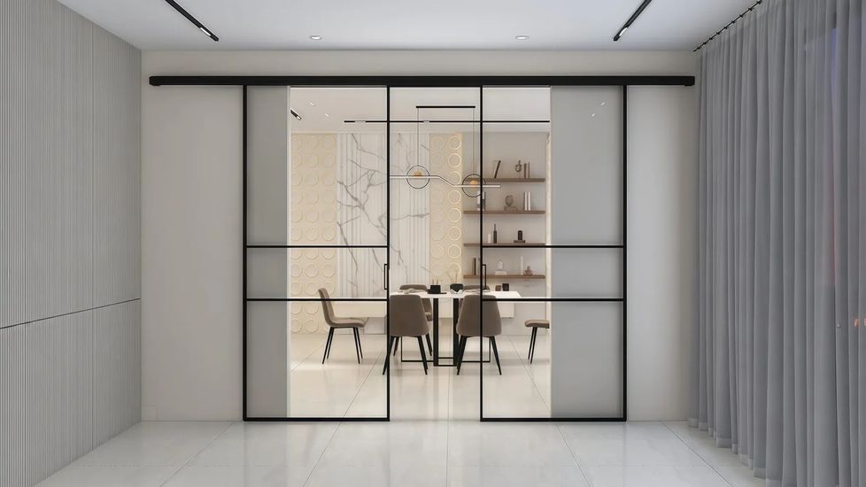 Перегородка HAUSDOORS «Классик» из двух полотен перед проёмом в столовую — рендер фабрики